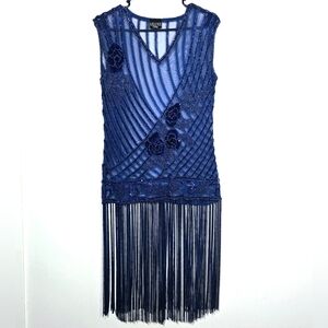 Blue Sheer Beaded Sequin Fringe 1920s Flapper Costume Dress